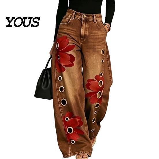 Loose Fit Faux Denim Trousers Women High Waisted Wide Leg Jeans, Vintage Floral Print Relaxed Trousers, Casual Pants with Pockets & Metal Eyelets