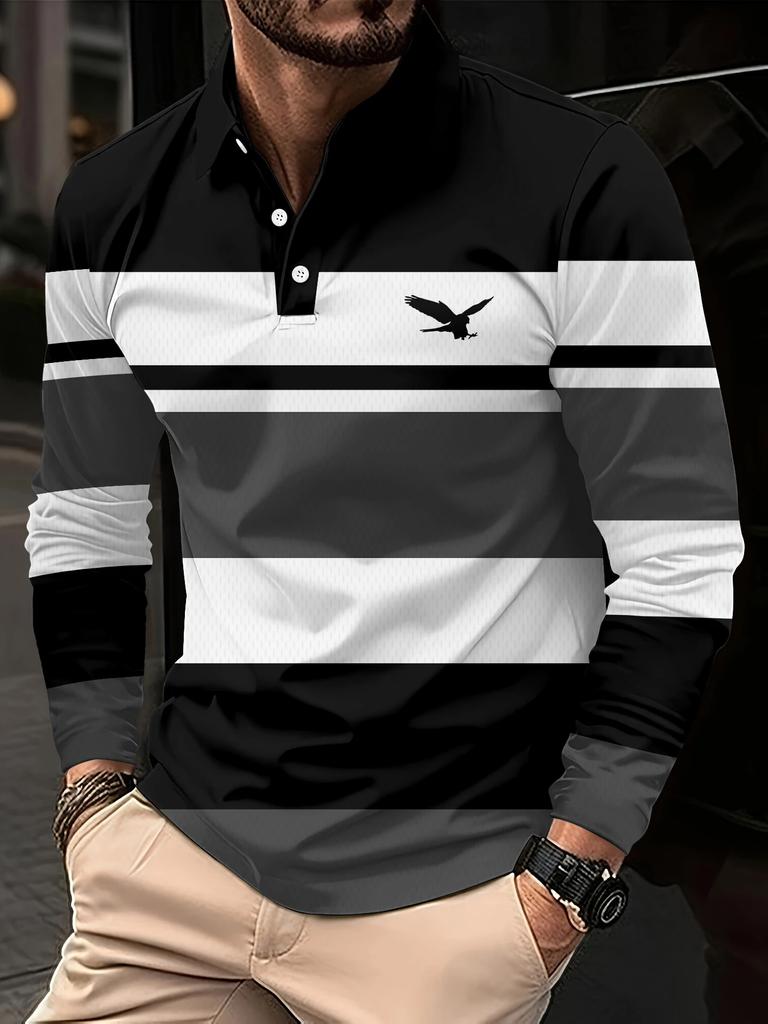 Herren-Polohemd mit langen Ärmeln und Streifen für den ganzen Winter, atmungsaktives Freizeit-Oberteil, schmal und figurbetont, schnelltrocknender Kragen, klassisches Polohemd