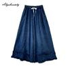 Plus Size Autumn Spring Women Wide Leg Jeans Elastic Waist Drawstring Blue Denim Trousers Layered Ruffles Casual Loose Oversized Jeans