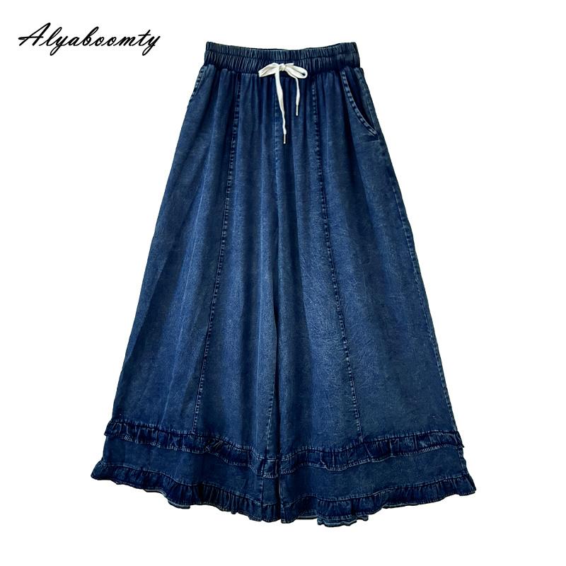 Plus Size Autumn Spring Women Wide Leg Jeans Elastic Waist Drawstring Blue Denim Trousers Layered Ruffles Casual Loose Oversized Jeans