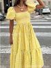 Women's Square Neck Gingham Midi Dress Puff Short Sleeve Elastic Waist Ruffled Hem Summer Beach Long Dress