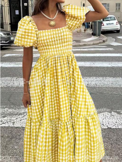 Women's Square Neck Gingham Midi Dress Puff Short Sleeve Elastic Waist Ruffled Hem Summer Beach Long Dress