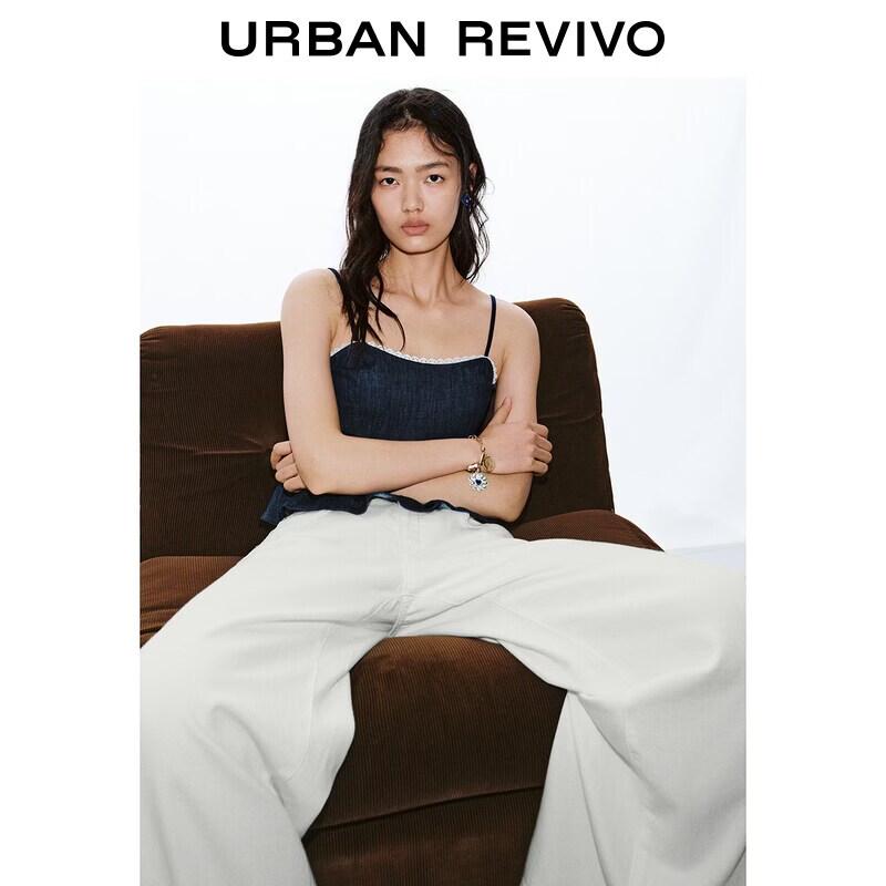 UR2026 Women s Summer Casual Short Contrast Lace Camisole Denim Shirt M