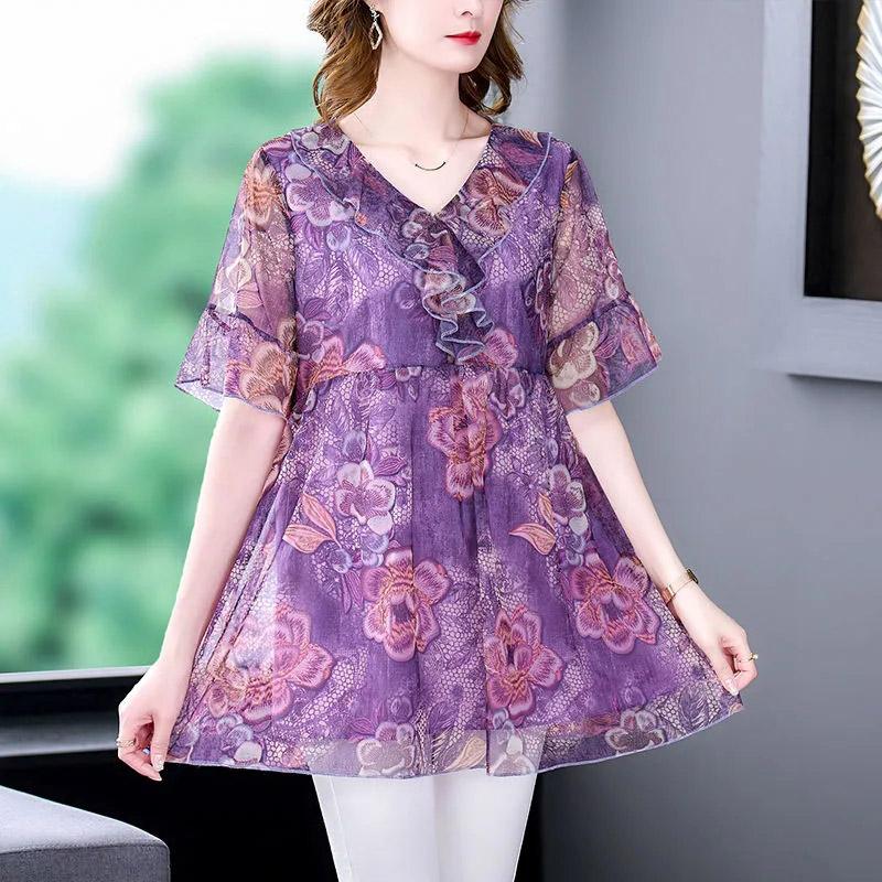 Big Size Short Sleeve Tops Women Summer Floral Loose Comfortable T-Shirt Casual Stretch V-Neck Tops