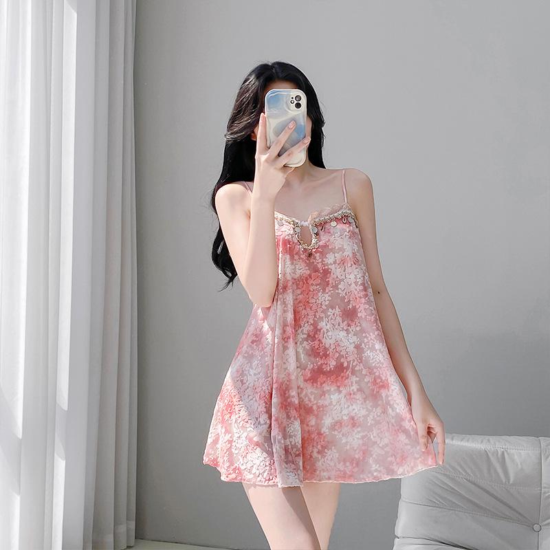 Sweet and sexy suspender skirt pink flower print lace hollow splicing comfortable pajamas cool and comfortable loungewear