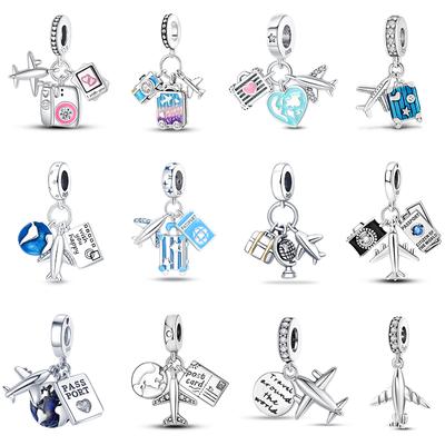 Fit  S925 Original Bracelets S925 Silver Color Luggage Passport Global Air Travel Charms Beads  DIY Jewelry Souvenir Gifts