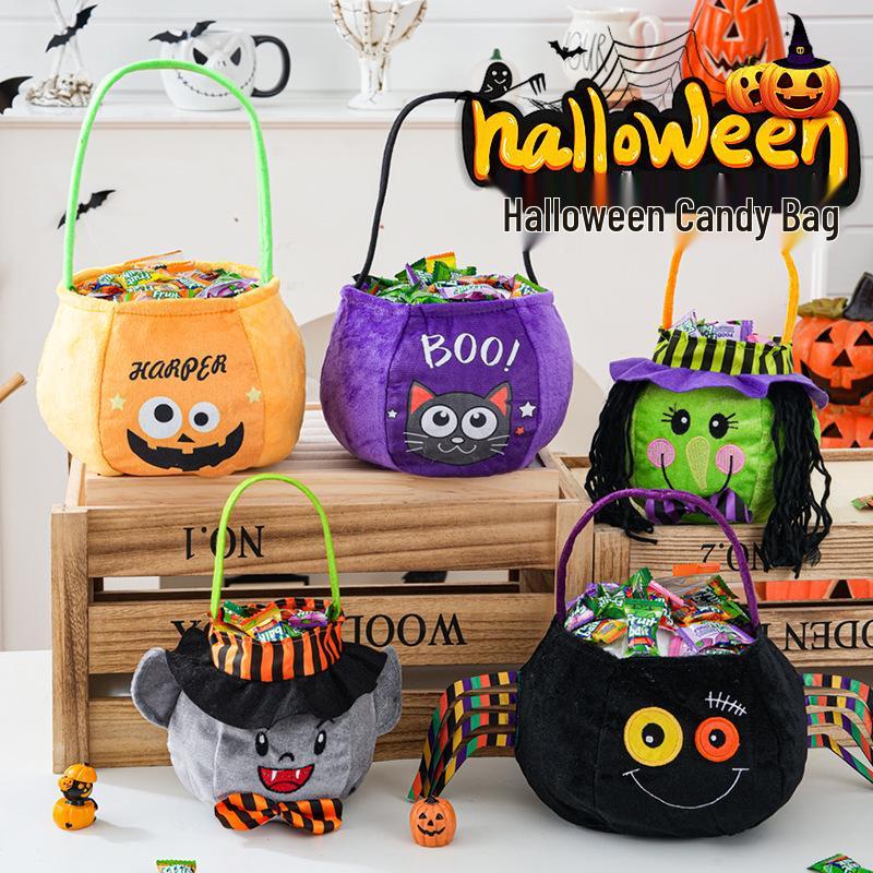 Pumpkin Lantern Trick-or-Treat Candy Bag for Kids - Halloween Handheld Decoration and Small Gift Prop