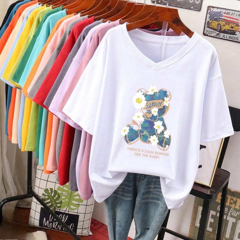 

Футболка с коротким рукавом для женщин большого размера, свободного и стройнящего дизайна, нишевый топ из чистого хлопка с V-образным вырезом, закрывающий живот S белый