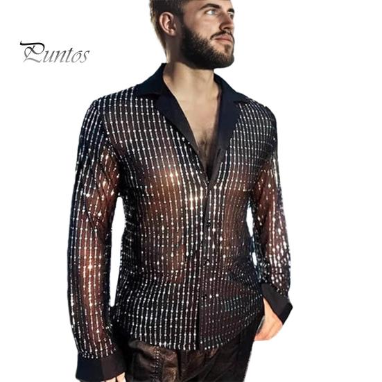 

Мужская рубашка с блестками и длинным рукавом, на пуговицах, с лацканами, рубашка в стиле диско в стиле ретро, сексуальные тонкие рубашки для бара, танцев, ночного клуба, диско-вечеринки M чёрный