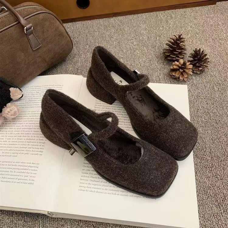 Winter New Korean Women Mary Jane Shoes French Luxury Retro Design High-heeled Plush Shoes Women's Chunky Heel Dress Shoes