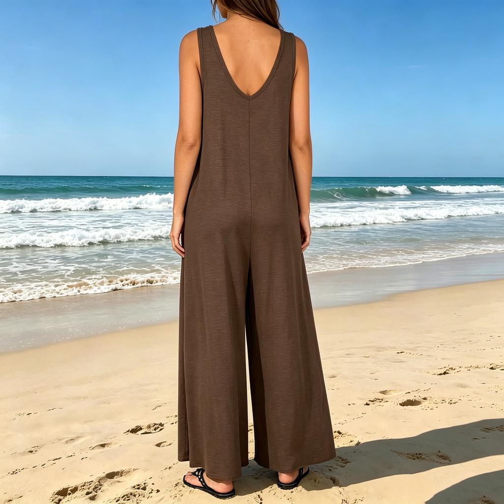 Women's Sleeveless Jumpsuit Wide Leg Pocket Romper V Neck Casual Loose Fit One Piece Outfit