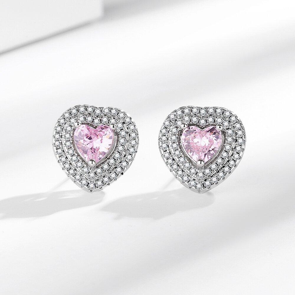 925 Sterling Silver Fashion Light Luxury Pink Zircon Love Small Stud Earrings Birthday Party Anniversary Gift