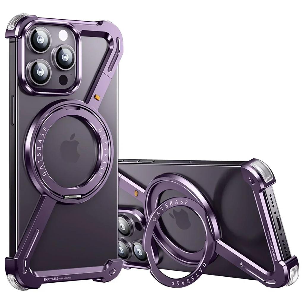 Oatsbasf Z Shape Metal Phone Case for iPhone 16 15 14 Pro Max with Stand 360°Rotate Magsafe Minimalist Frameless Protective Case