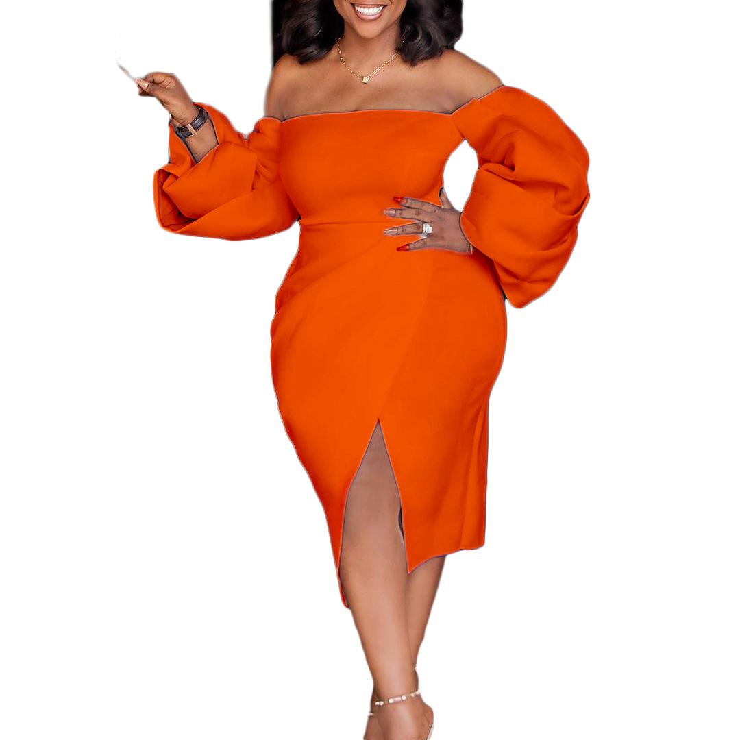 

Женское летнее модное платье большого размера с открытыми плечами, элегантное цельное однотонное вечернее платье с разрезом S оранжевый