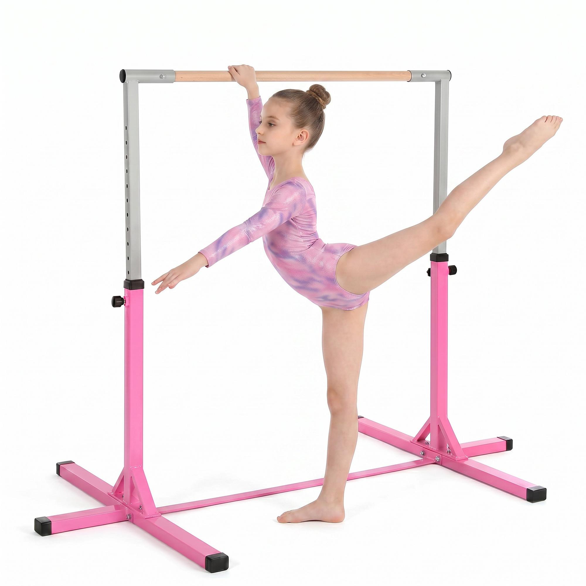 Bară de gimnastică reglabilă pentru copii, Bară orizontală din oțel roz și lemn de fag