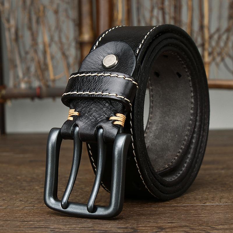Belt Men's Retro Trendy All-Match Italian First Layer Cowhide Double Pin Buckle Genuine Leather Jeans Belt