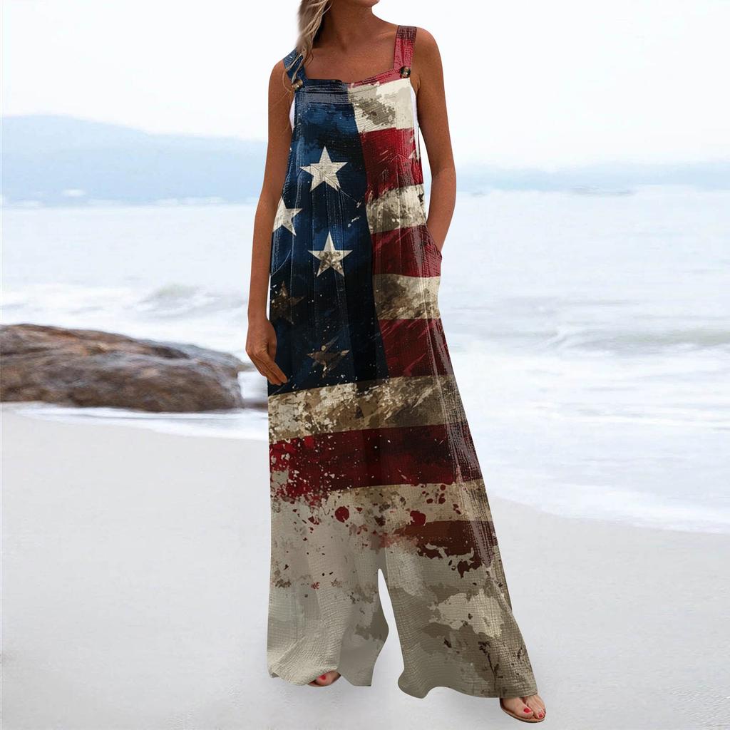 Damenmode Strampler Print Lässig Lose Vintage Overalls Mit Taschen