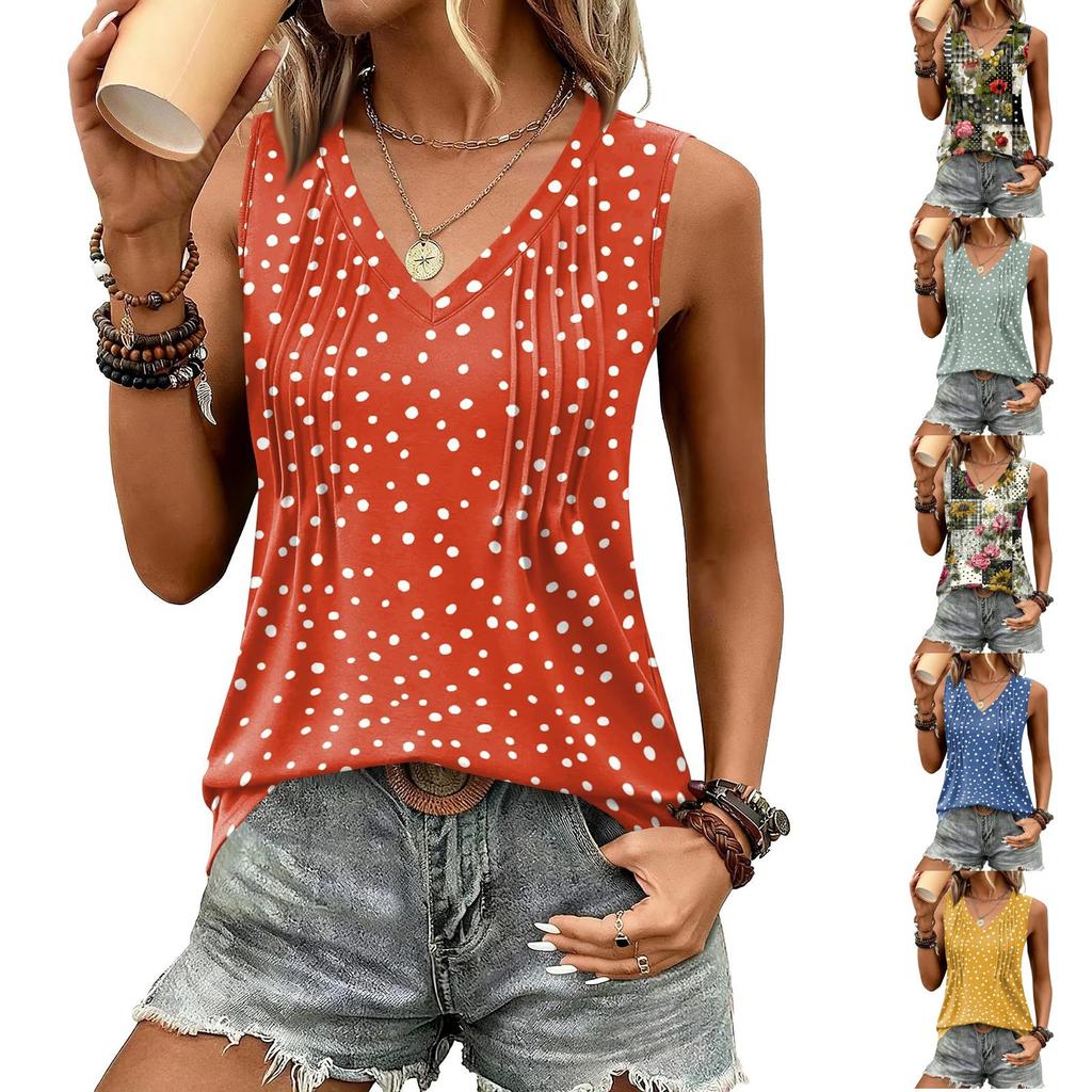 Women’s Loose Fit V Neck Sleeveless Top with Pleated Front and Floral Print Lightweight Casual Tank Blouse