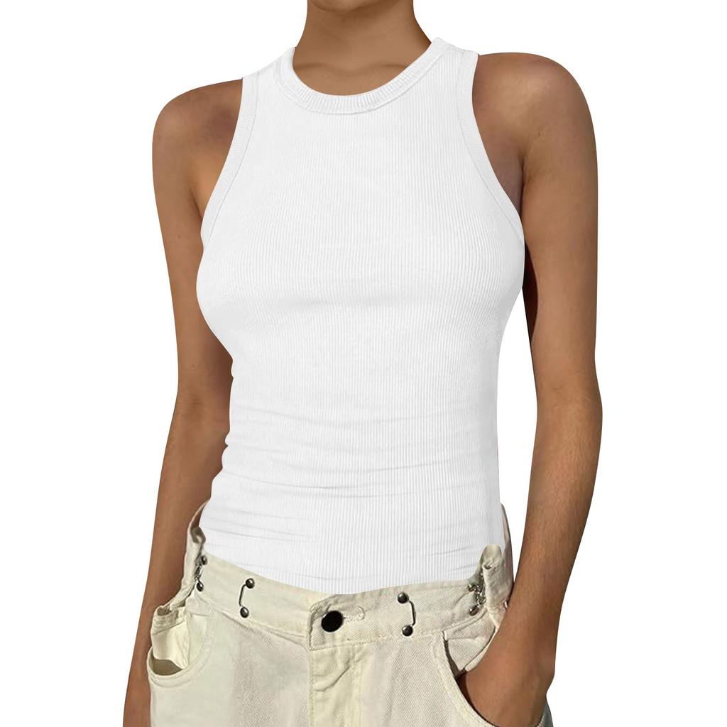 Women's Summer Fashion Casual Color Round Neck Sleeveless Top Tight Tank Top