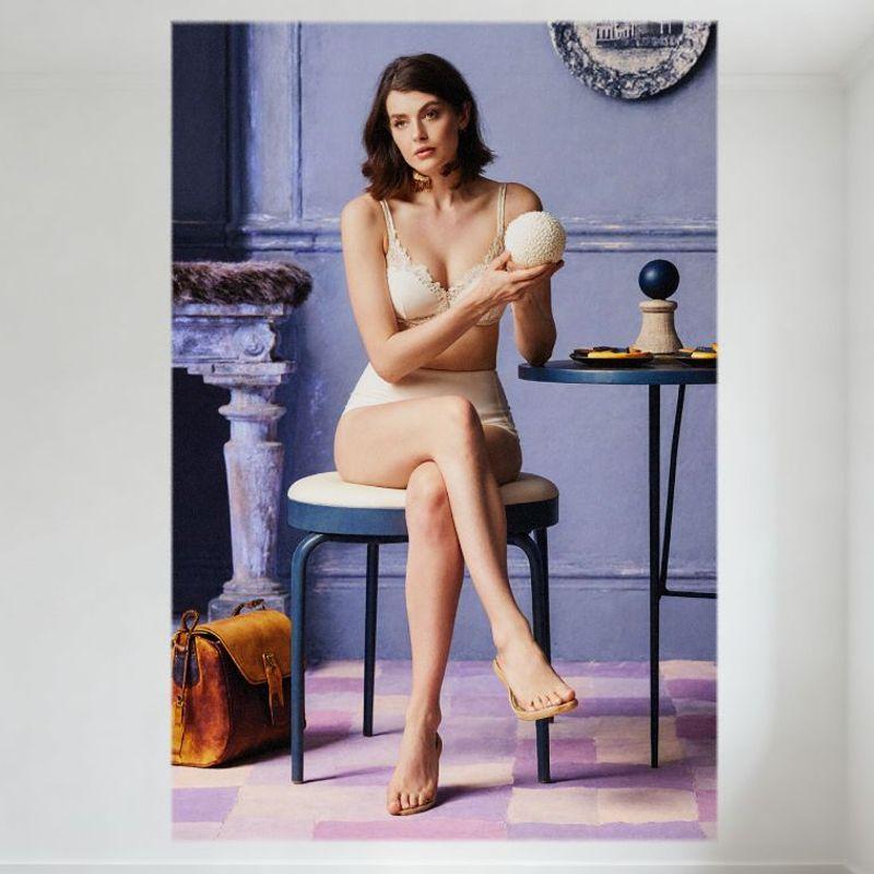 Sexy Vintage Interior Woman with Brown Hair Tin Sign, Beige Lingerie, White Sphere, Purple Wall & Fireplace Metal Poster for Bar