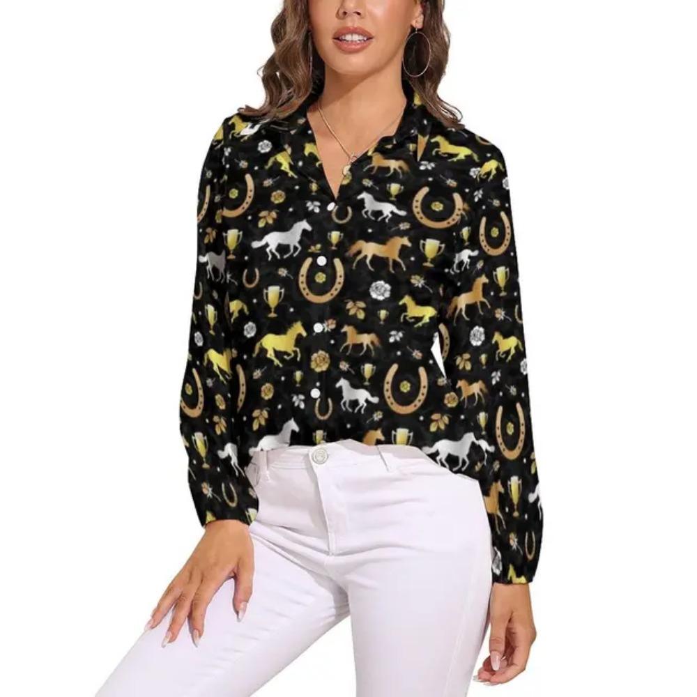 Camicia Colorata con Cavalli a Manica Lunga Camicie da Donna Cavalli Segreti Corse Camicie Vintage Top da Strada Femminili Primavera Estate