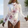 Women Plus Size High Neck Long Sleeve Floral Print Front Zipper One Piece Swimsuit
