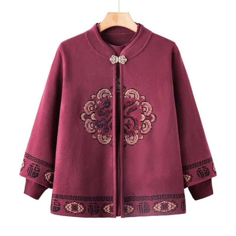 Zhonglaoxi mother-in-law blessing knitted sweater shawl two-piece set grandma autumn festive sweater set banquet
