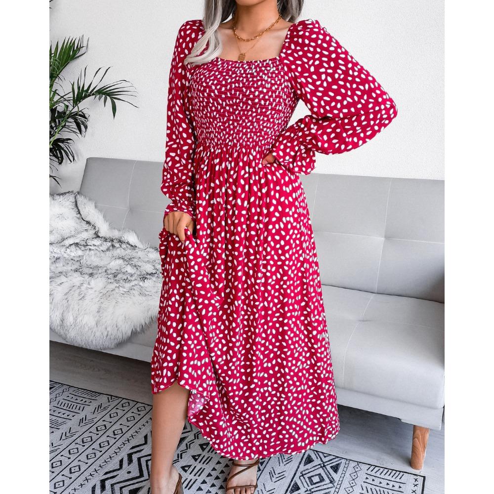 Spring Summer Square Neck Long Sleeve Holiday Cotton Dress Pleated Long Women's Dresses