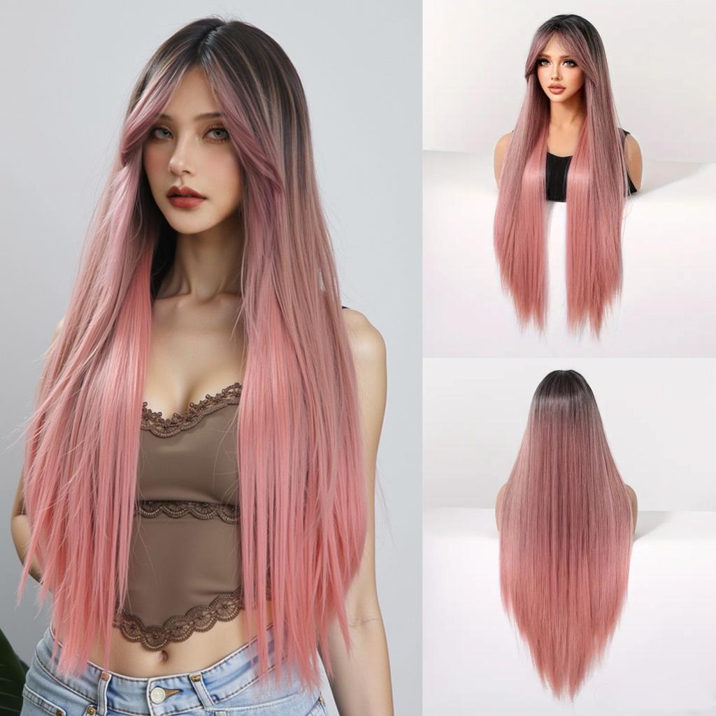 Synthetic Layered Wig Long Rose Gold Straight Wigs with Bangs Blonde Cosplay Party Natural Hair Wigs for Women Heat Resistant