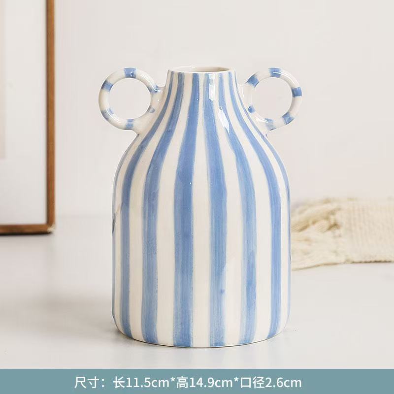 European Hand Painted Striped Ceramic Vase French Light Luxury Living Room Decor
