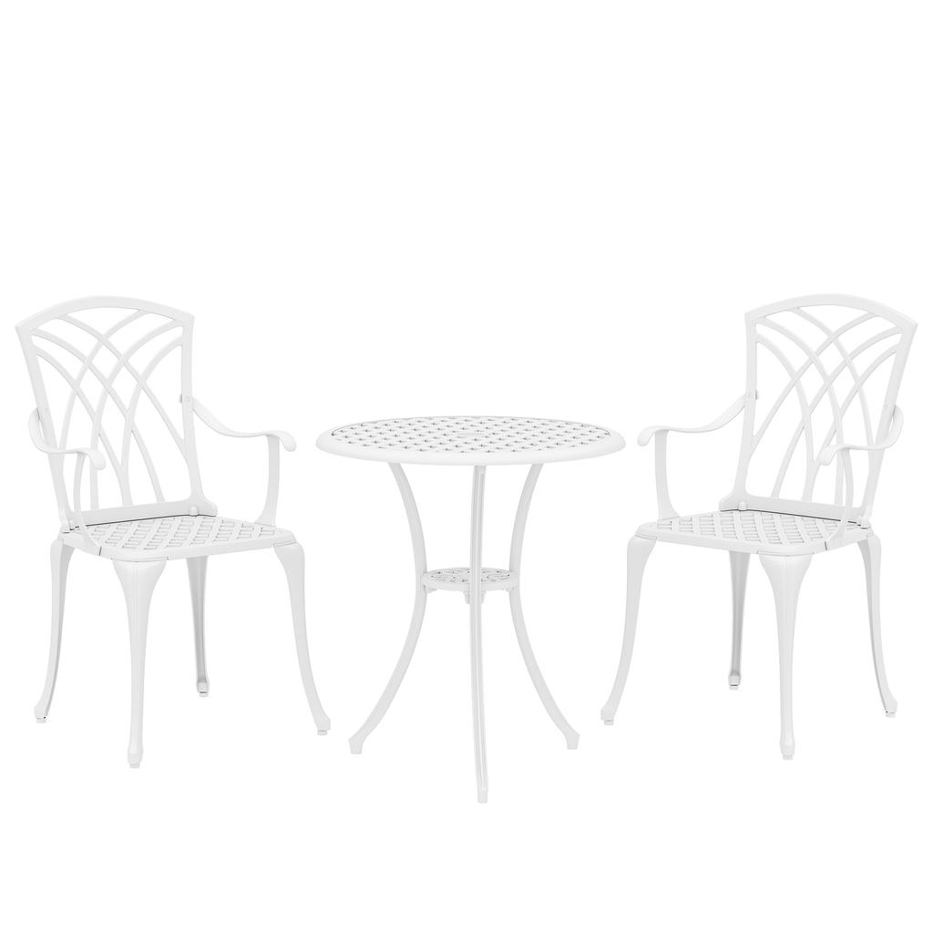 3 Pieces Garden Bistro Set, Cast Aluminium Outdoor Dining Set with 2 Chairs and Round Table with Parasol Hole, White