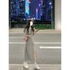 New Thin Niche Design Gray Casual T-shirt Dress Summer Women's Open-ended Long Dress