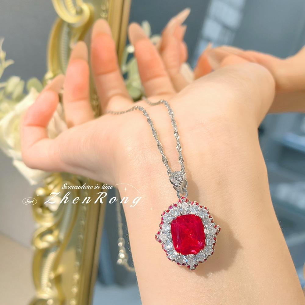 Women Jewelry Set Luxury Red Corundum Pendant Fashion Simple Elegant Pigeon Blood Ring Earrings