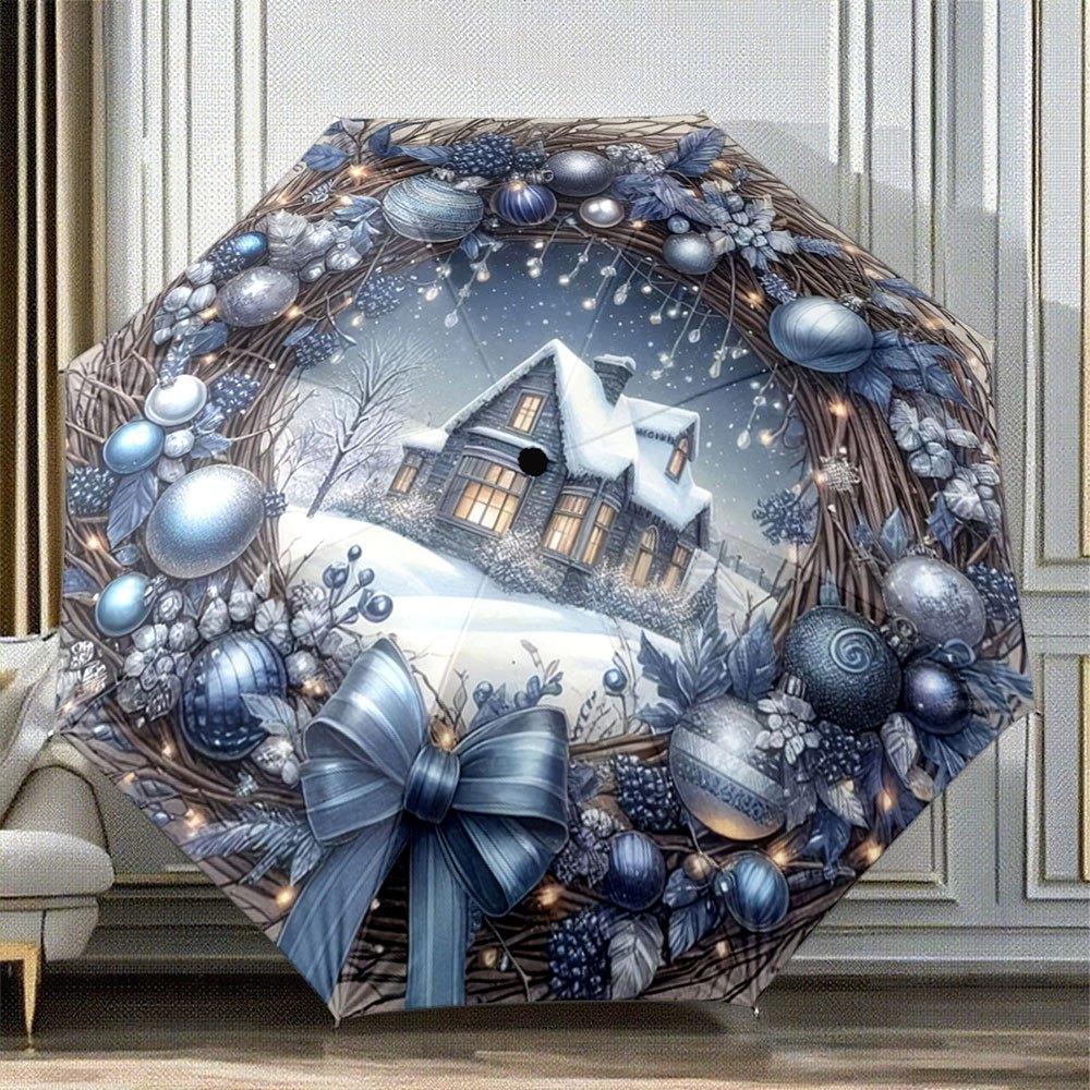 Automatic Folding Umbrella A snowy house surrounded by a festive wreath with blue and Silvery ornaments. Portable collapsible Iron&8K