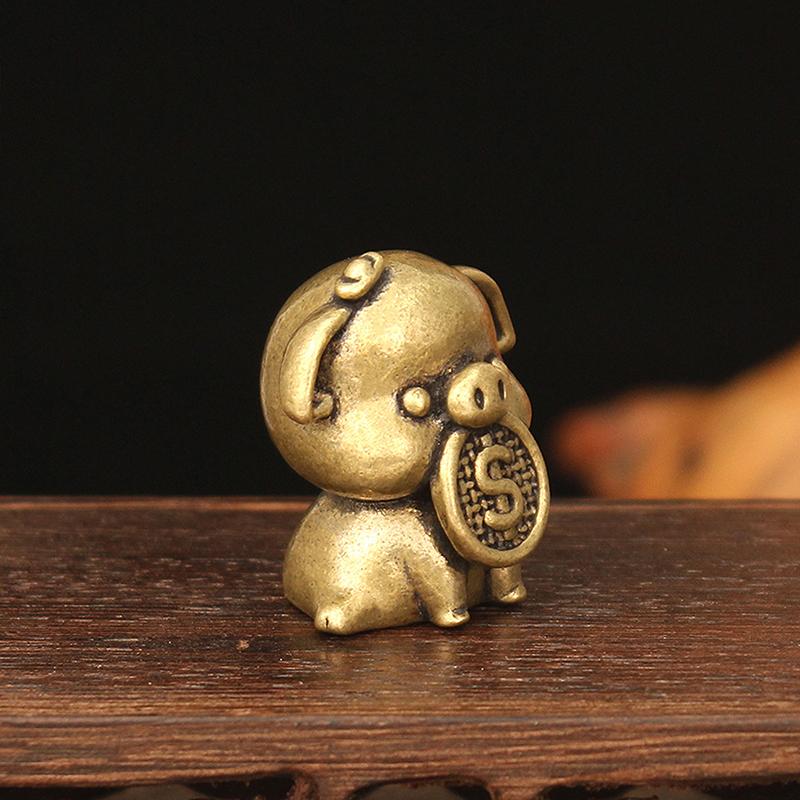 Brass Pig Bite Money Decoration Exquisite Miniature Decoration Retro Animal Small Craft Statue