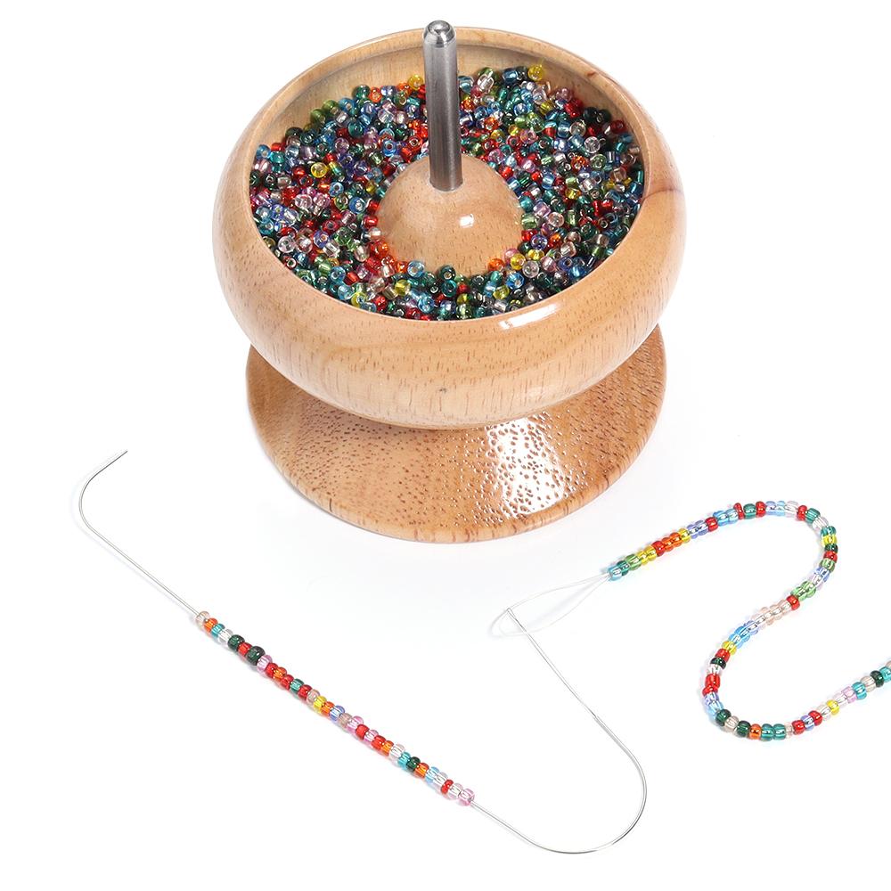 1 Set Wooden Spin Beading Tools Beads Storage Bowl Kit with Needle for DIY Bracelet Neckalce Jewelry Craft Beading Supplies