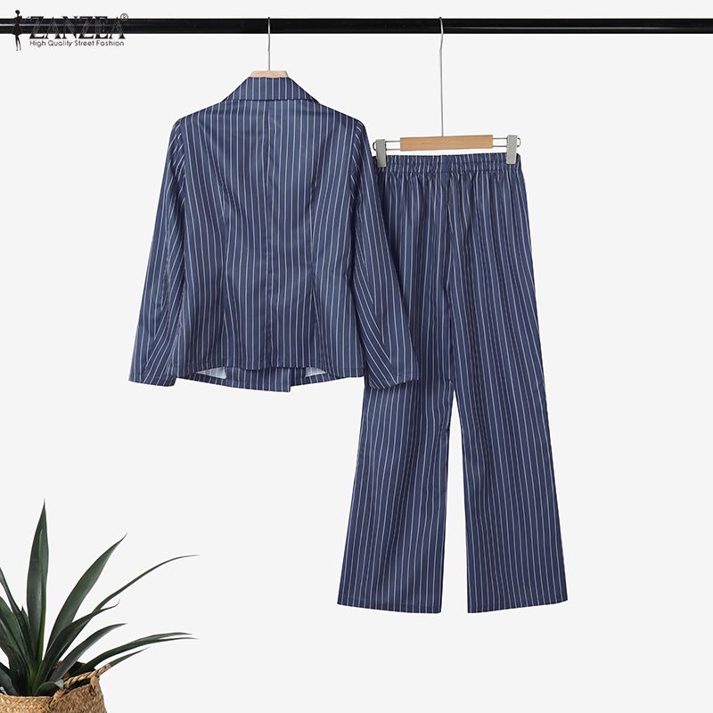 ZANZEA Women Casual Blazer and Pants Stripe Print Two Piece Suit Sets