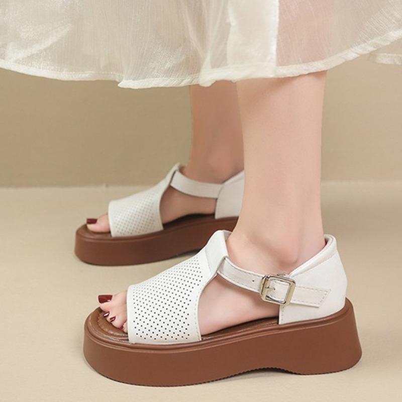 Fashion 2025 Women'S Leather Upper Plus Size Sandals Open Toe Roman Thick Sole Flat Sandals Hollow Breathable Comfort