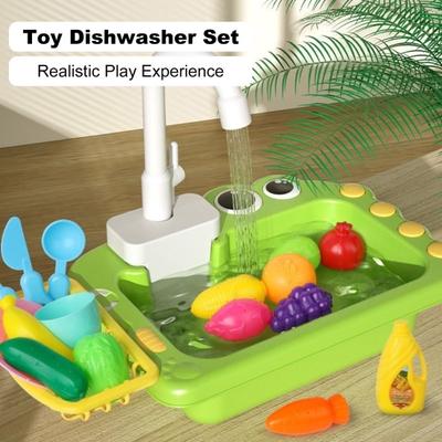 Mini Toddler Playhouse Dishwasher Set Electric Water Circulation 18Pcs Accessories Simulated Faucet Rotating Heat-Resistant Quick-Drying Basket