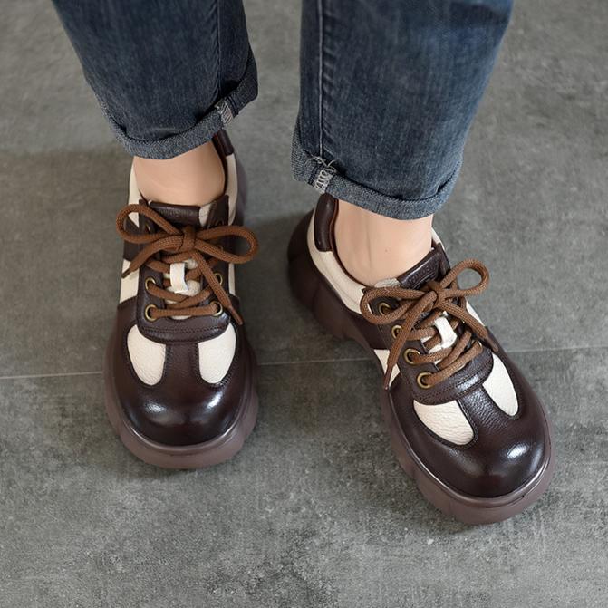 Johnature Thick Soled Retro Genuine Leather Women's Shoes Pumps Round Toe Lace Up Mixed Colors Platform Shoes