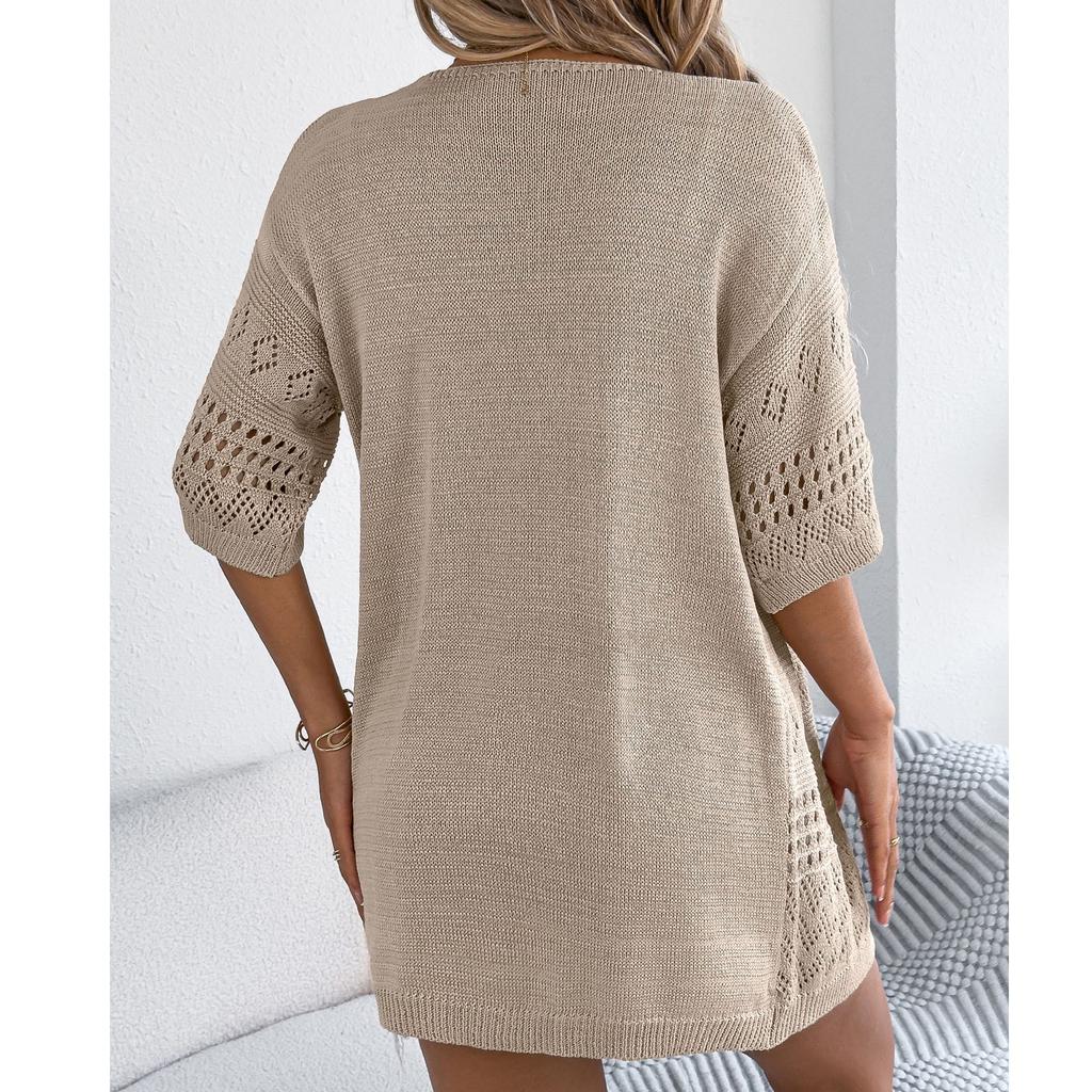 Women's Casual And Fashionable Solid Color Hollow Out Mid Sleeve Knitted Cardigan