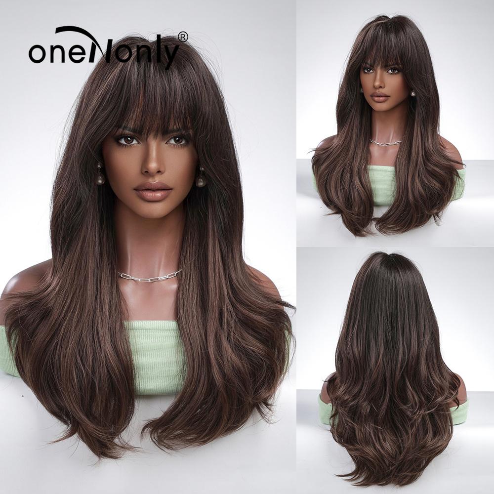 oneNonly Long Body Wave Ombre Brown Pink Synthetic Wigs with Bangs Natural Wave for Women Cosplay Natural Wig Heat Resistant