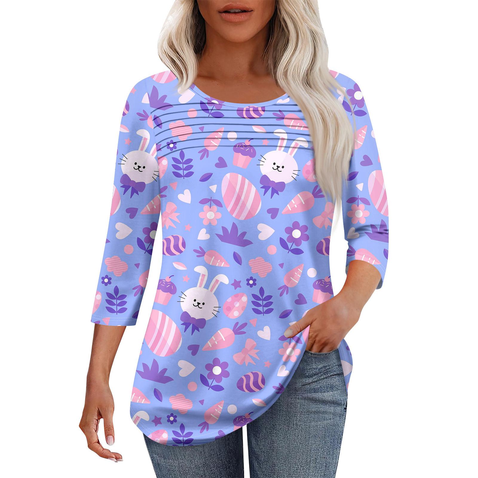 

Женская мода круглый вырез шея плиссированная передняя планка с принтом рукав 3/4 топ M