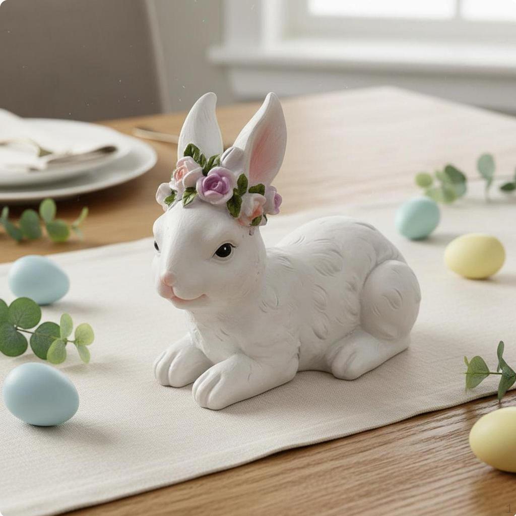 Easter Bunny Figurine Cute Design Resin Hare Statue Holiday Themed White Ornament for
