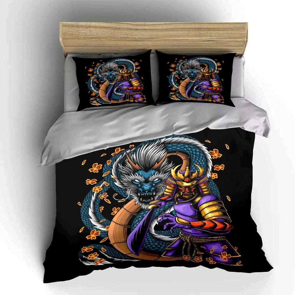 Samurai And Dragon Artistic Set: Suitable For Apparel Exquisite Three-Piece Bedding Set Gift For Kids And Adults