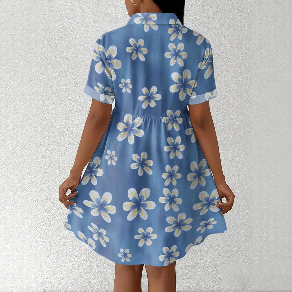Casual Loose Fit Shirt Dress for Women Button Front Short Sleeve Collared Dress with Printed Hemline Border Design