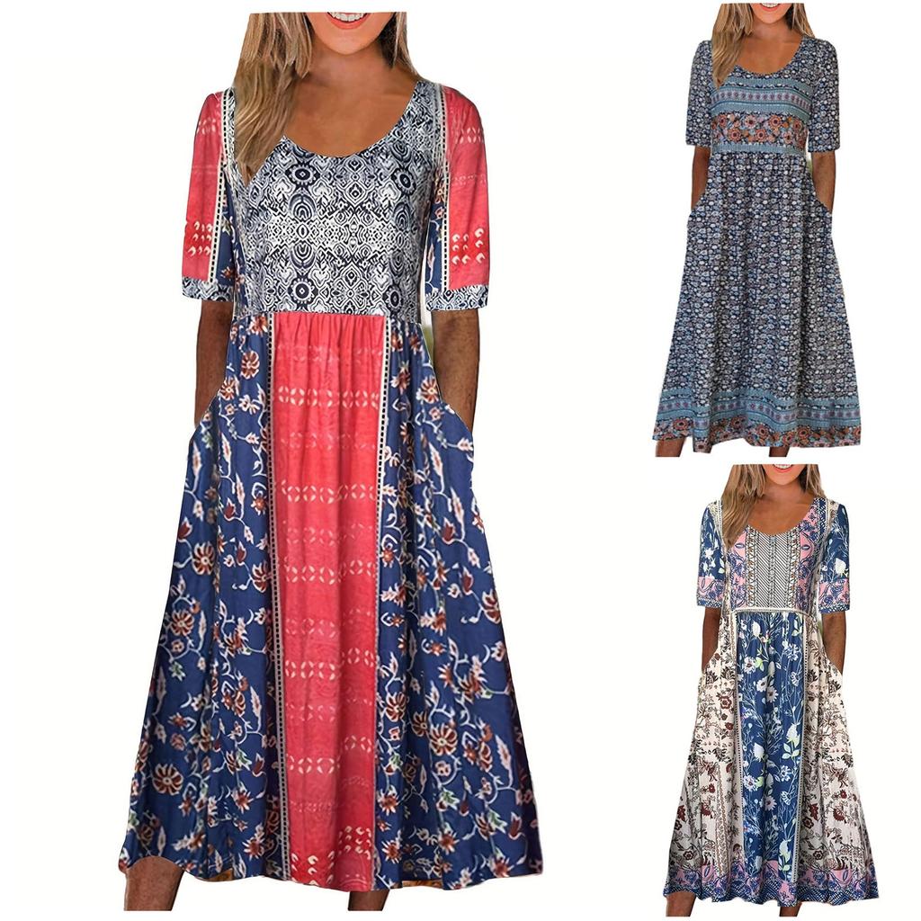 Ladies O Neck Short Sleeve Printed Waist Dress Short Sleeve Vacation Beach  Fashion Dress For Women