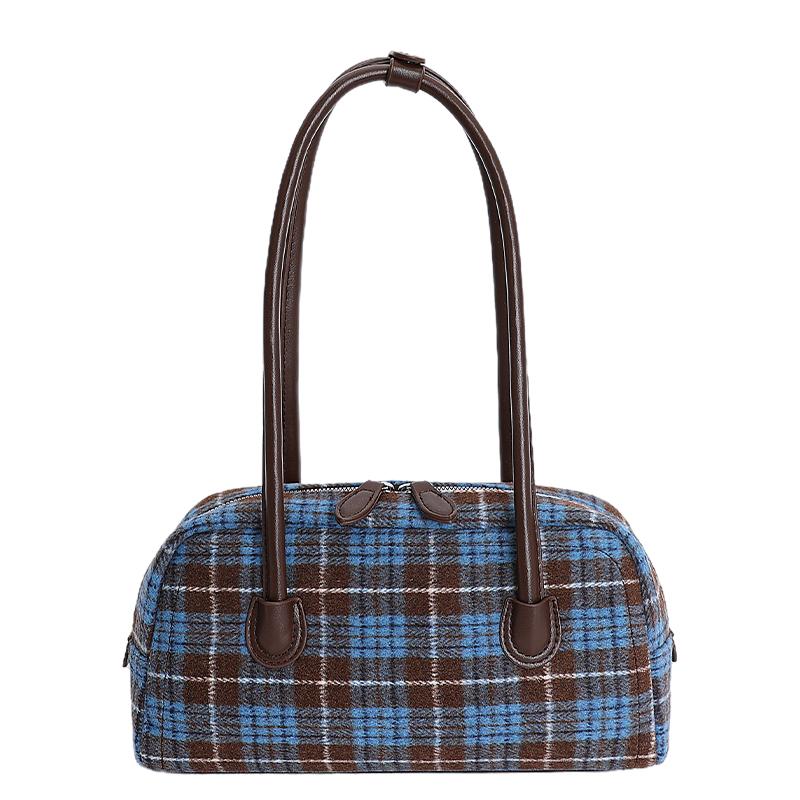 New Arrival Vintage Plaid Bowling Bag for Women Woolen Tartan Underarm Shoulder Bags Retro Soft Handbag for Daily Work