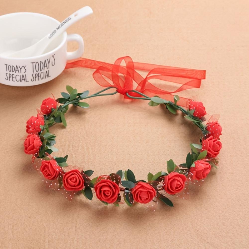 Rose Flower Crown with Long Sheer Ribbon Artificial Floral Leaf Headband Romantic Floral Wreath Wedding Bridesmaid Garden Party