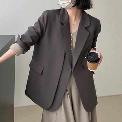 Spring Autumn Elegant Grey Women's Blazer Jacket Long Sleeve Single Button Office Lady Loose Outwear for Women